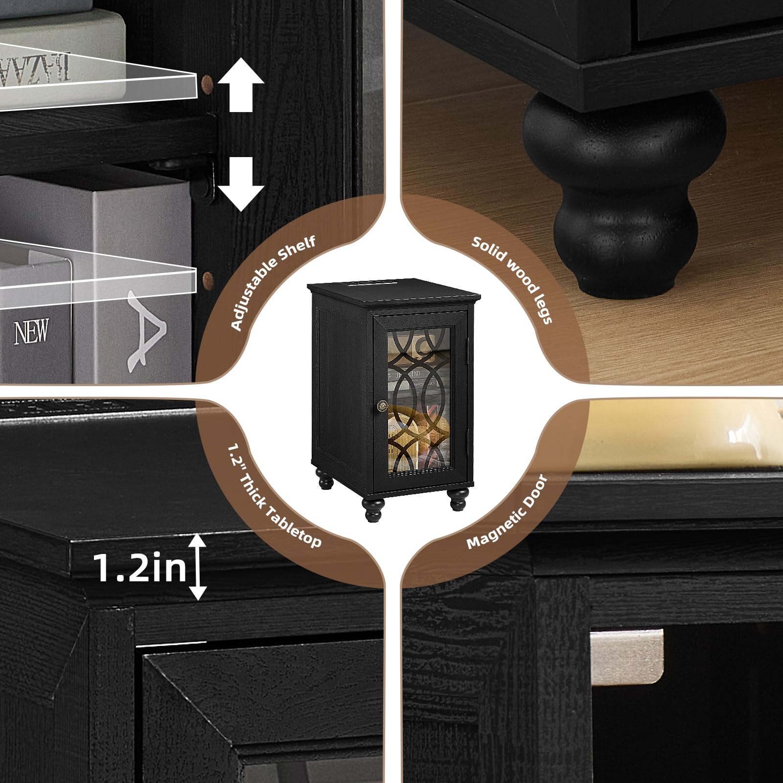 Black narrow nightstand with glass door, adjustable shelf, and small cabinet