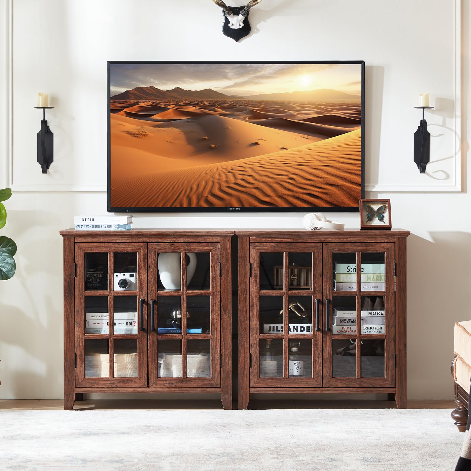 Brown farmhouse sideboard cabinet with four glass doors and open/closed storage