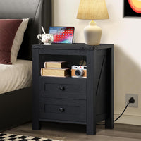 Black nightstand with open shelf and 2 drawers, charging station on top