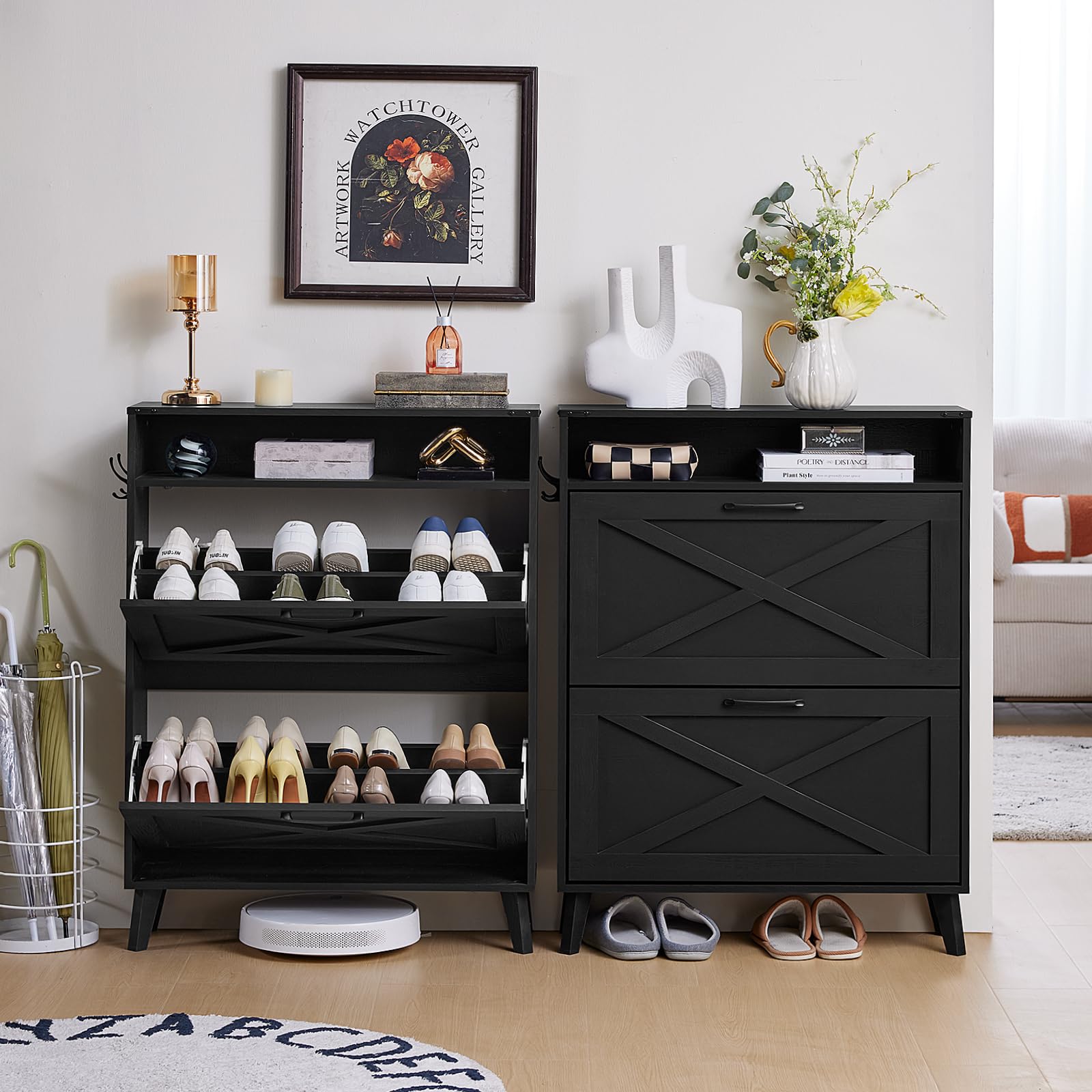 Two black shoe storage cabinets side by side, each with open shelving and flip drawers