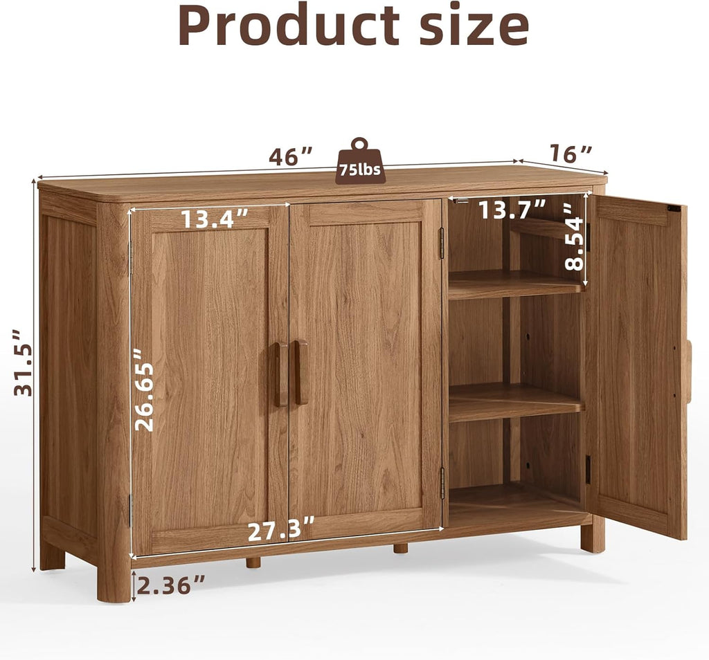 Wooden sideboard cabinet with three doors, adjustable shelves, and open storage