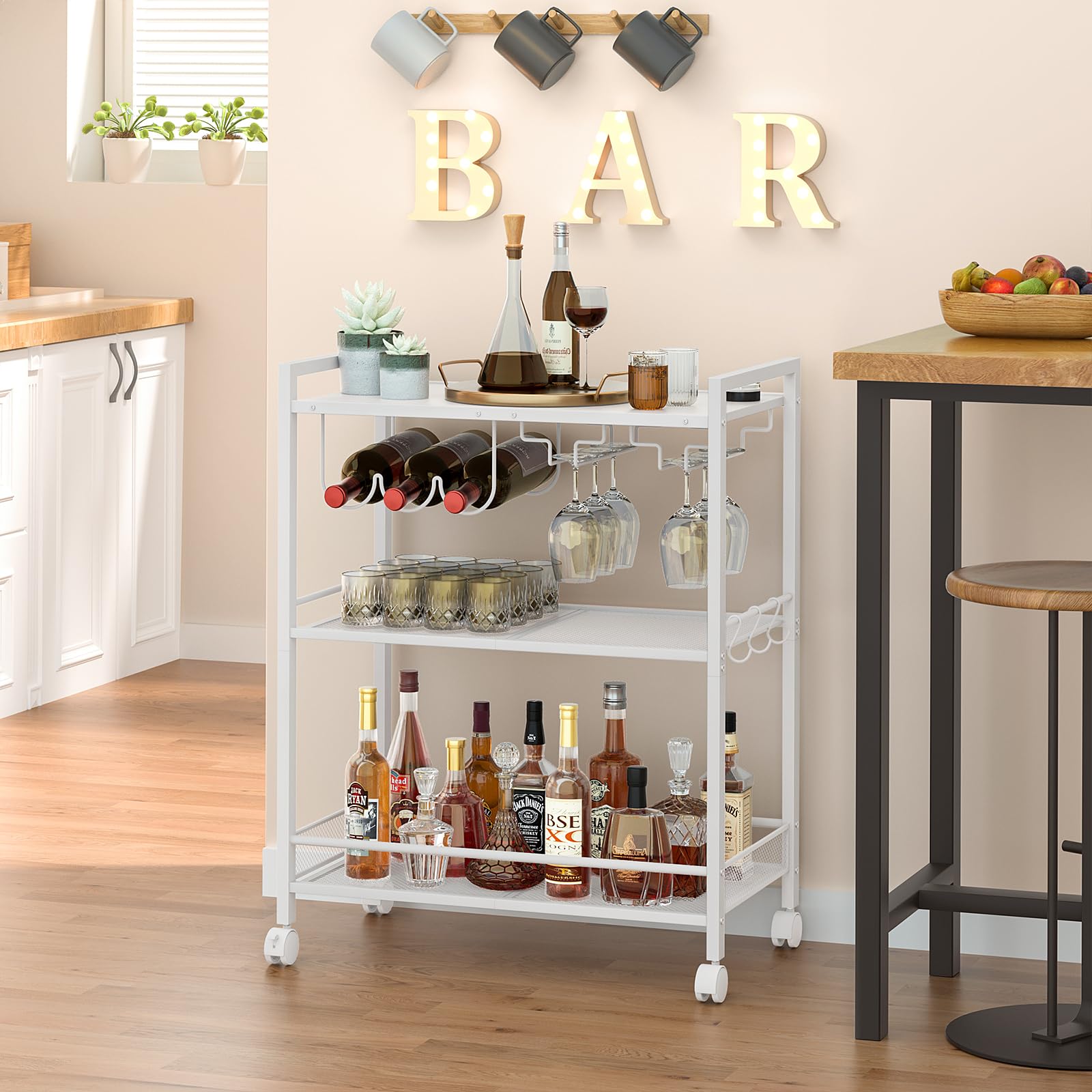 Bar Cart, Home Bar Serving Cart with 3-Tier Shelf,Microwave Cart with Lockable Wheels,Mobile Kitchen Shelf,Rolling Beverage Cart with Wine Rack and Glass Holder for Kitchen,Dinning Room,Gold