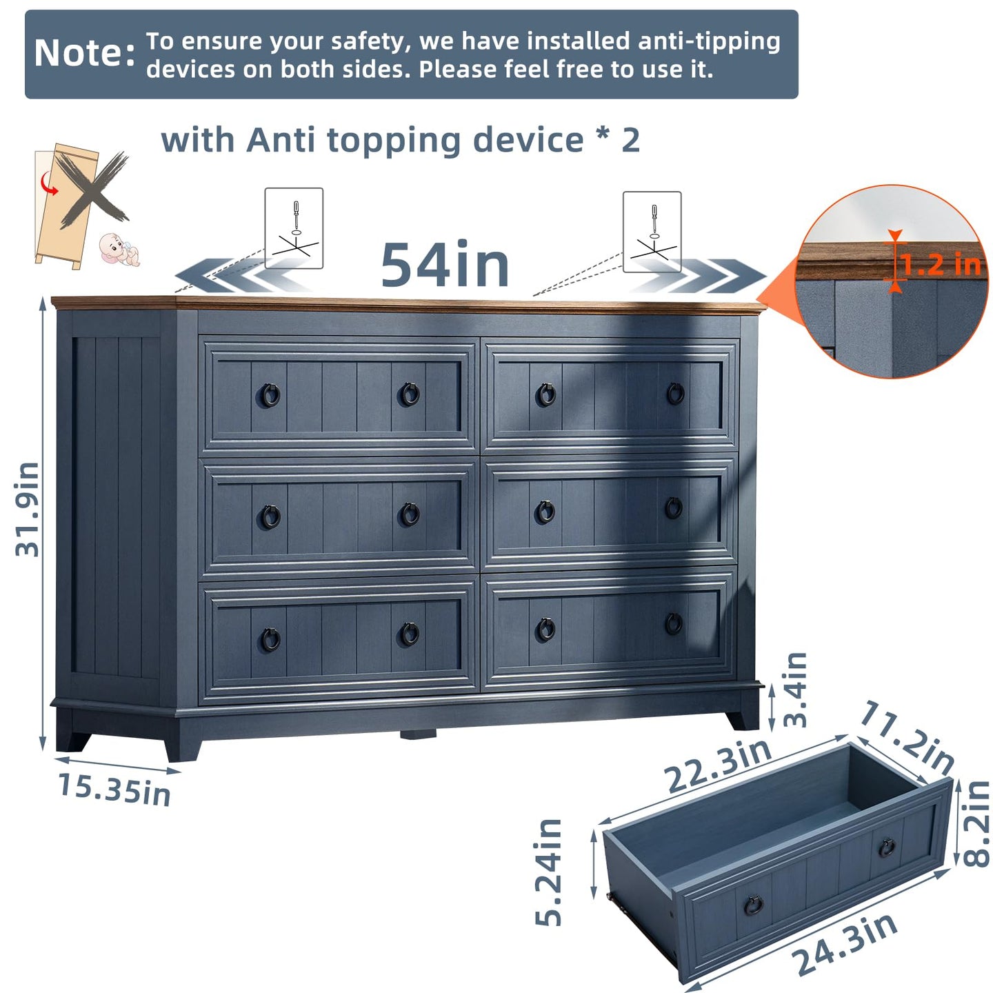 Blue six-drawer dresser with round knobs and anti-tip base, side view showing drawer layout