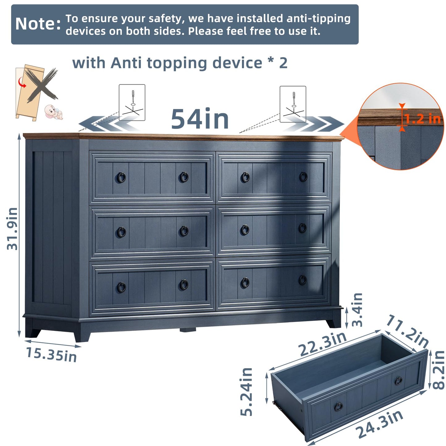 Blue six-drawer dresser with round knobs and anti-tip base, side view showing drawer layout