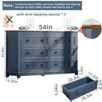 Blue six-drawer dresser with round knobs and anti-tip base, side view showing drawer layout