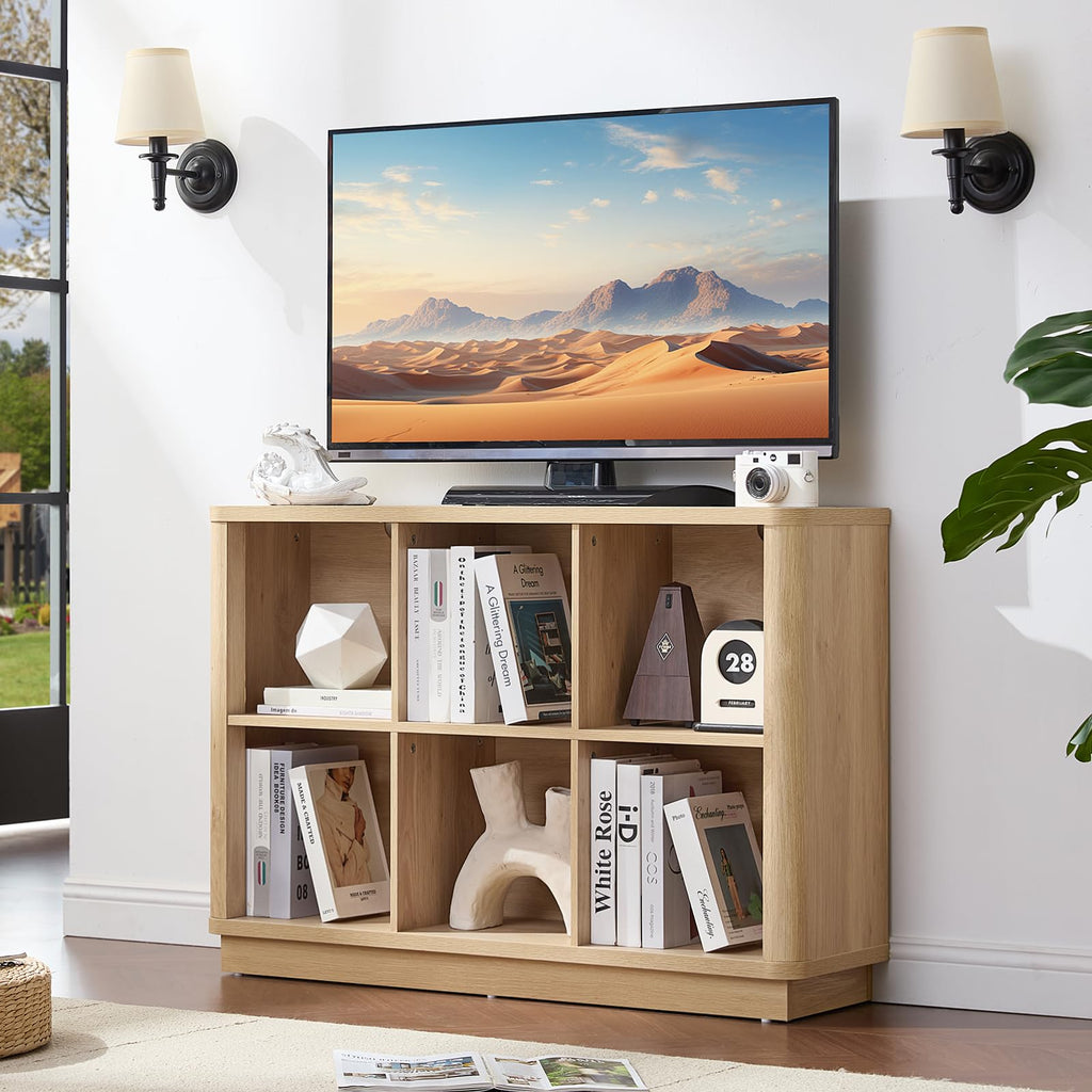 Light oak low open cubby TV stand with storage compartments for media and books