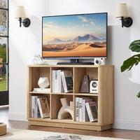 Light oak low open cubby TV stand with storage compartments for media and books