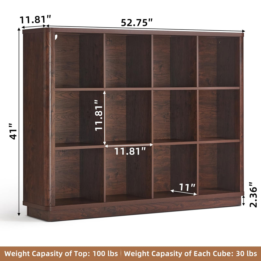 Walnut-toned 52-inch horizontal cube storage book shelf with curved edge and open cubbies.