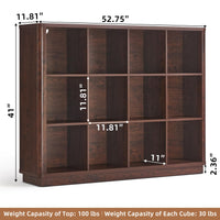 Walnut-toned 52-inch horizontal cube storage book shelf with curved edge and open cubbies.