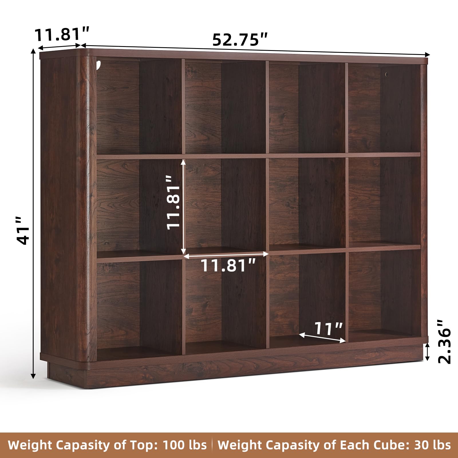 Walnut-toned 52-inch horizontal cube storage book shelf with curved edge and open cubbies.
