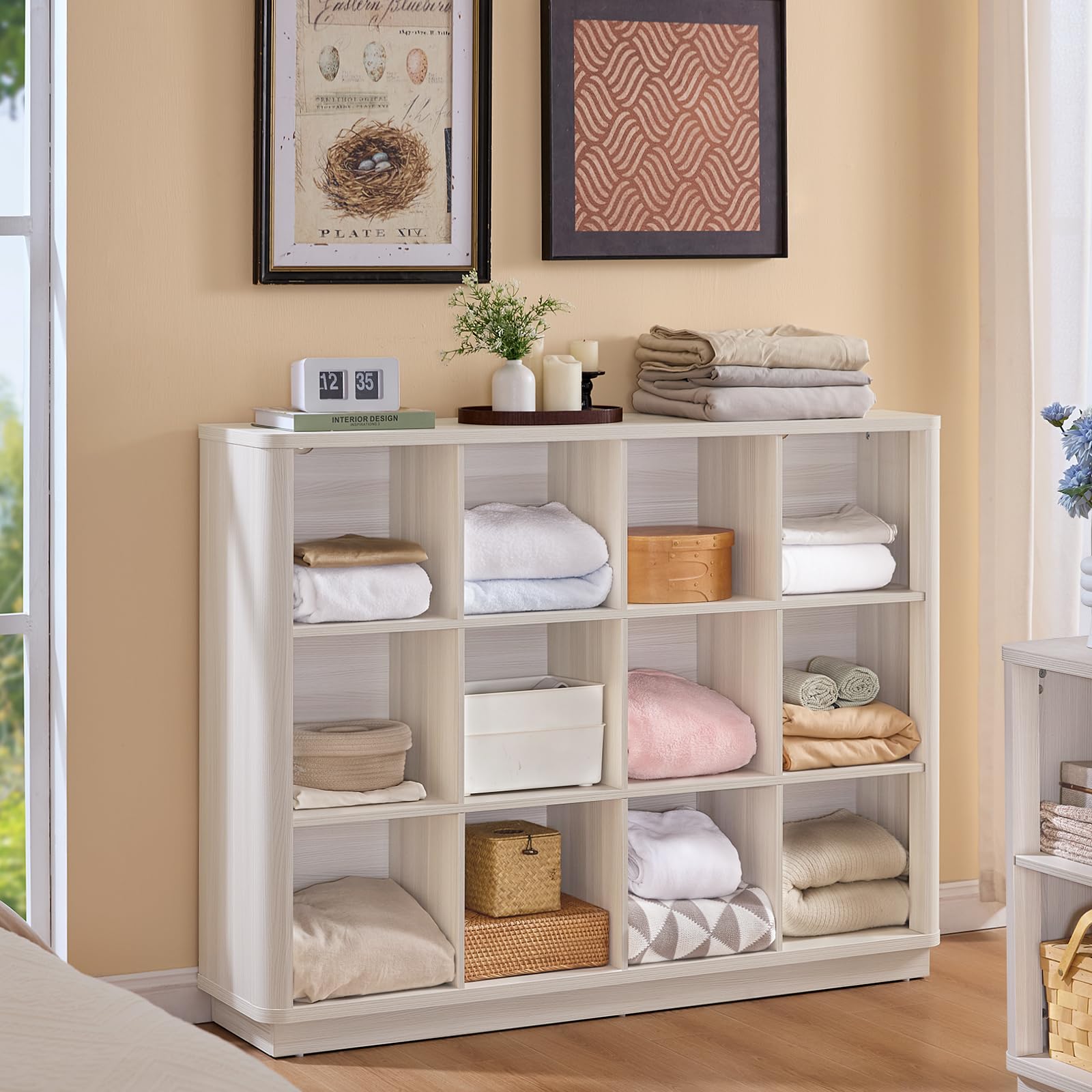 White horizontal cube storage book shelf with open cubbies and built-in storage sections