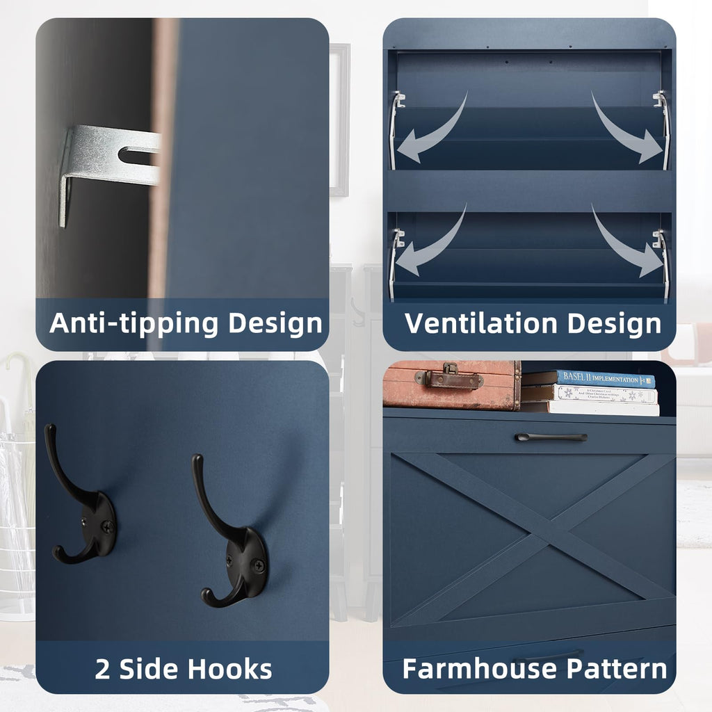 Navy shoe cabinet feature labels: anti-tipping, ventilation shelves, side hooks