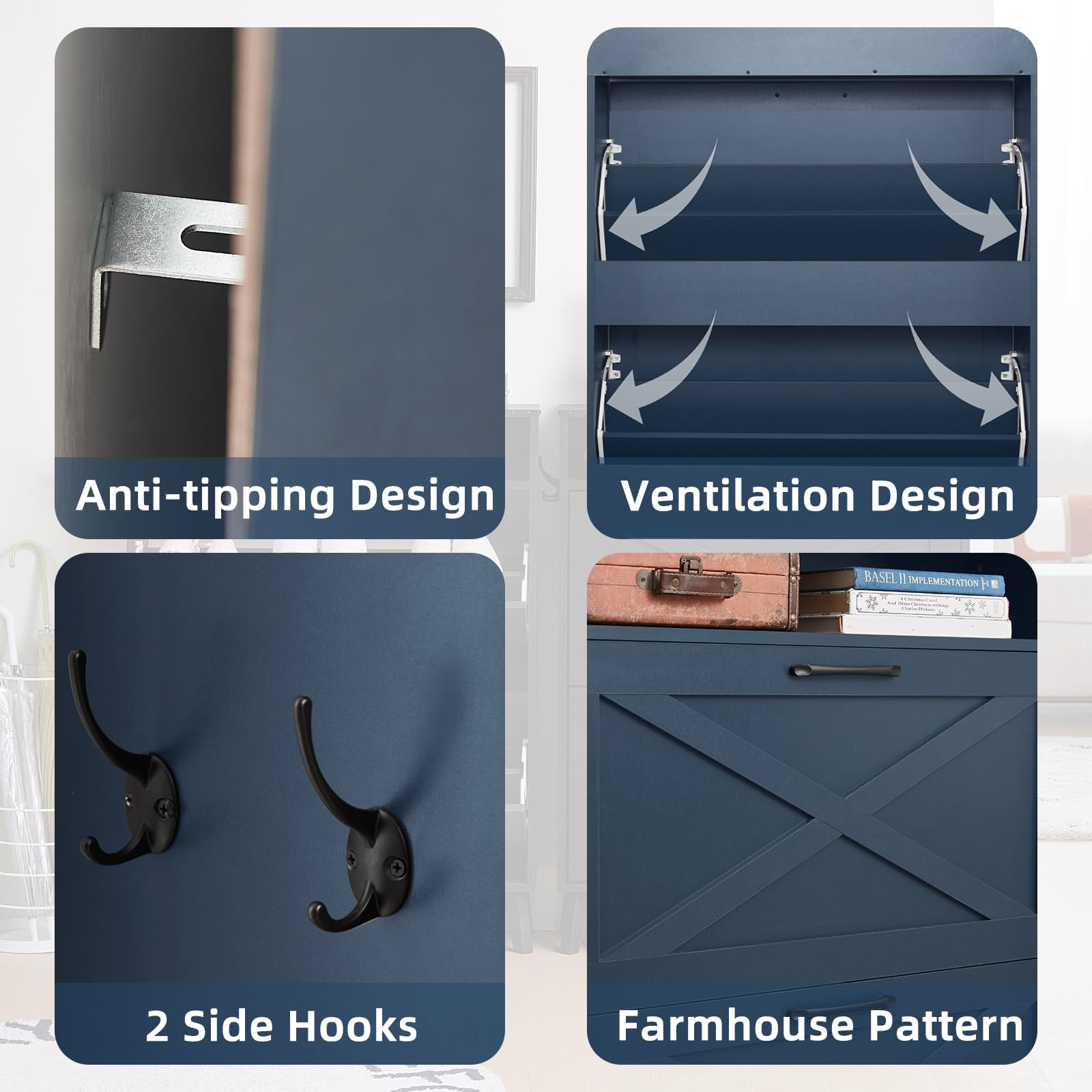Navy shoe cabinet feature labels: anti-tipping, ventilation shelves, side hooks