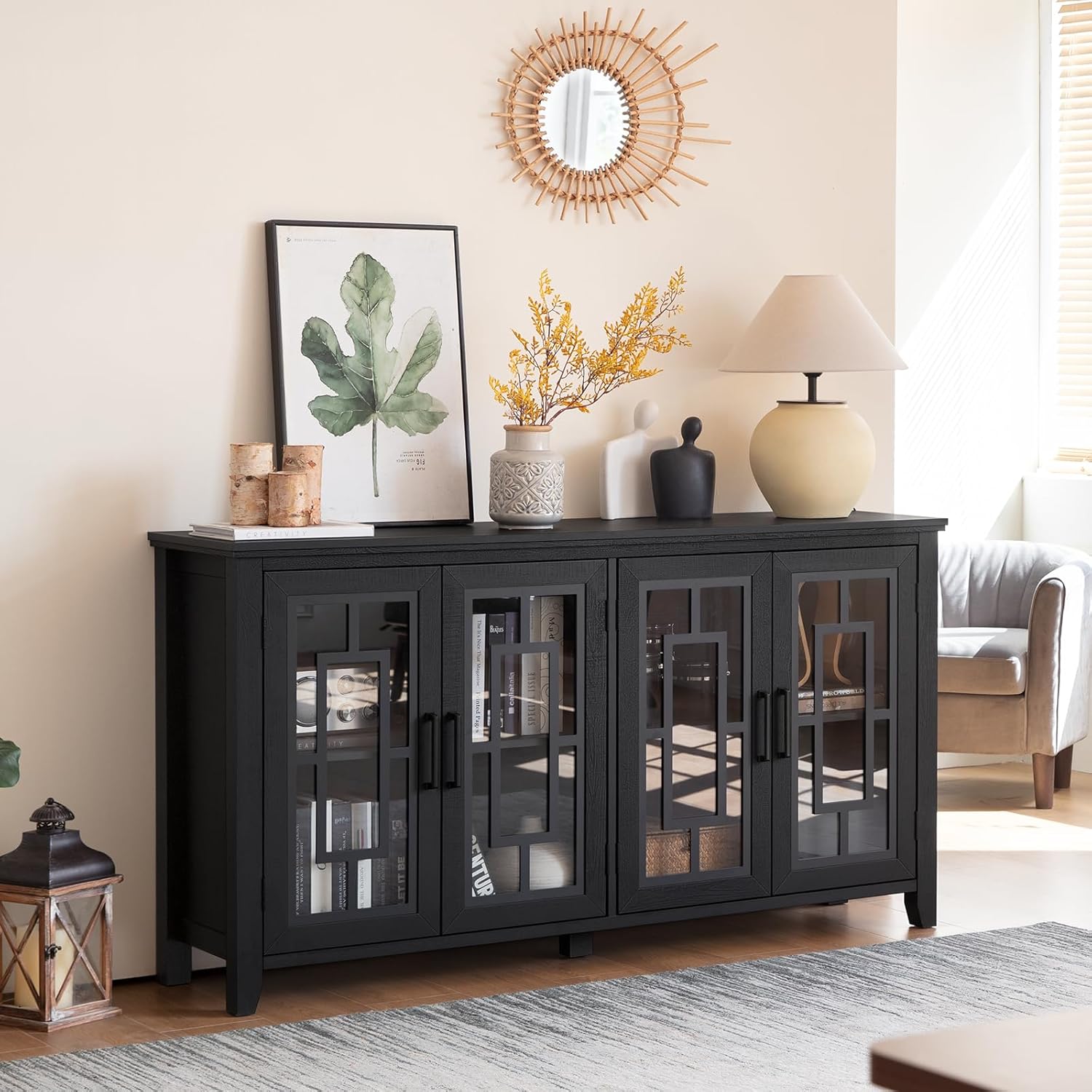 Sideboard buffet cabinet with double glass doors and panel detailing, dark blue-gray