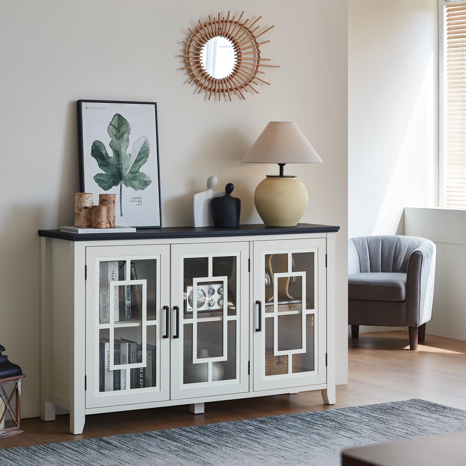 White sideboard buffet cabinet with two glass doors and framed glass panel detailing