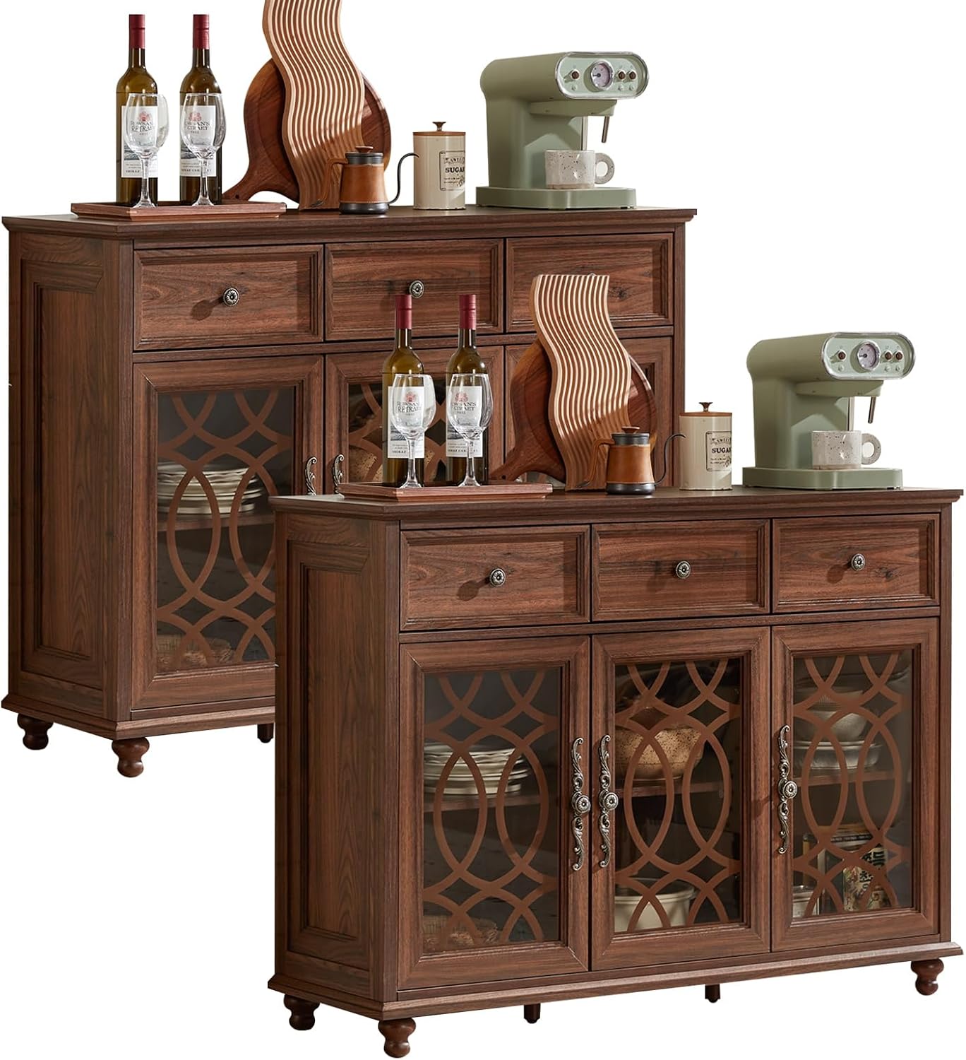 Walnut sideboard buffet cabinet with glass doors and two drawers, curved wood legs