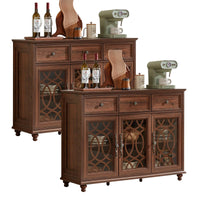 Brown farmhouse sideboard buffet cabinet with glass-pane doors and upper drawers