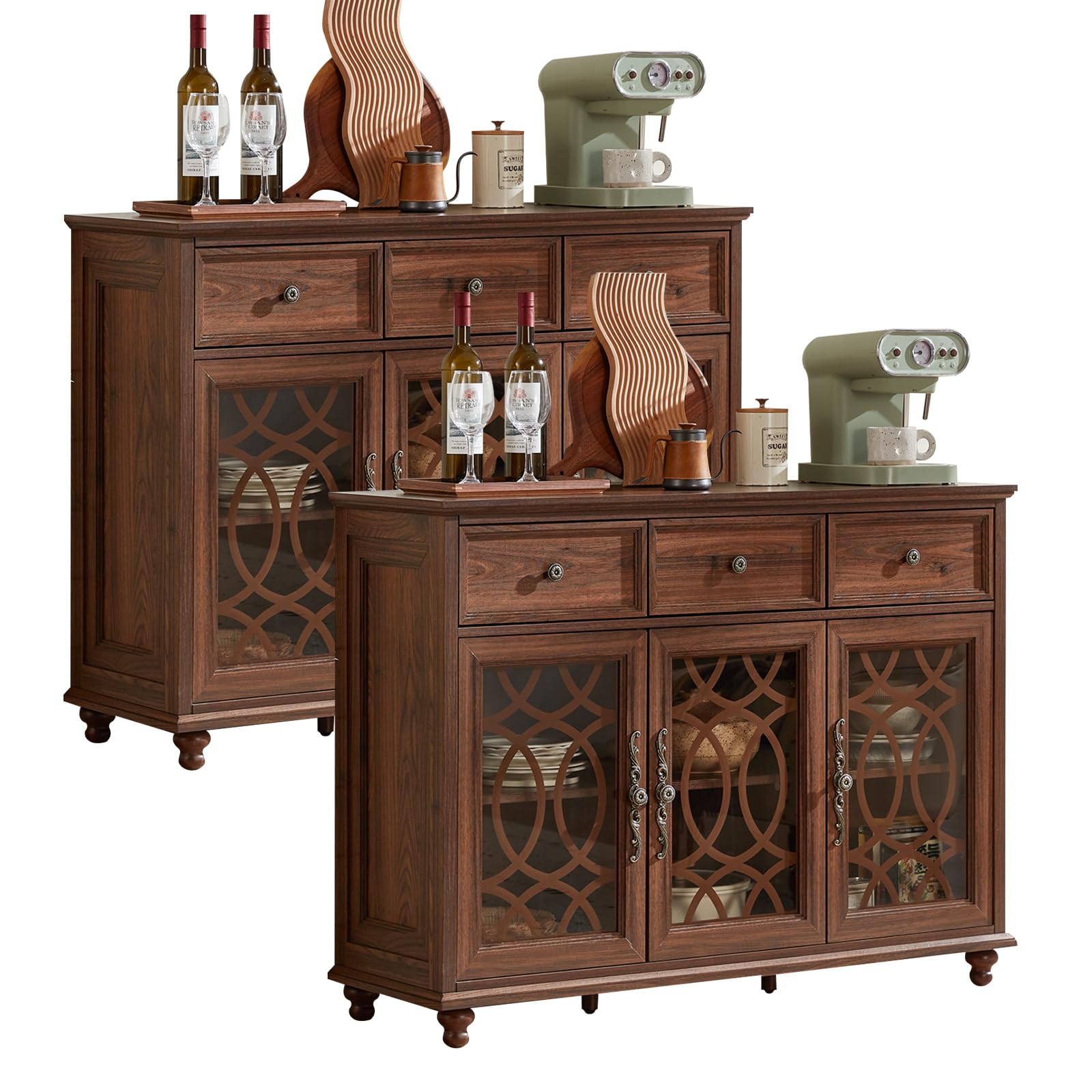 Walnut brown sideboard buffet cabinet with four glass doors and two drawers
