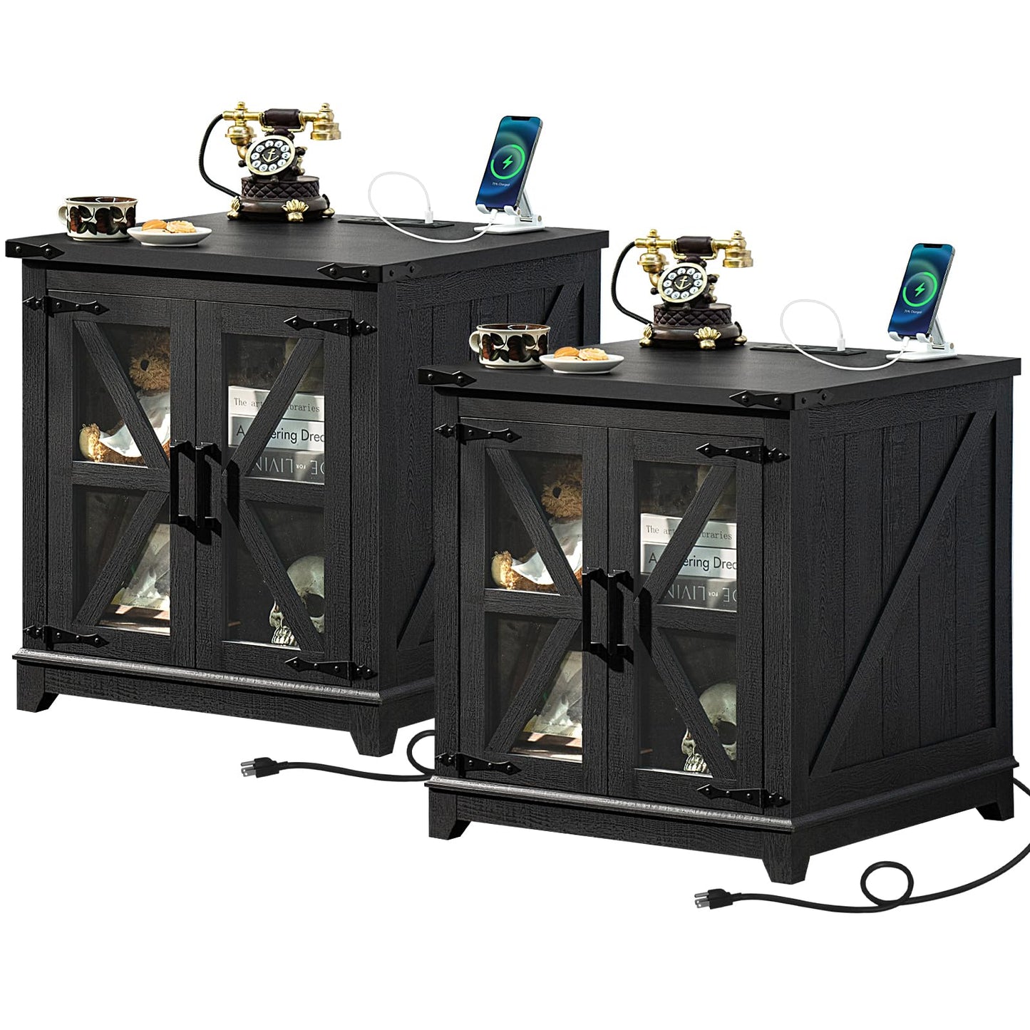 Pair of black farmhouse end tables with glass barn doors and X-style braces