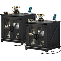 Pair of black farmhouse end tables with glass barn doors and X-style braces
