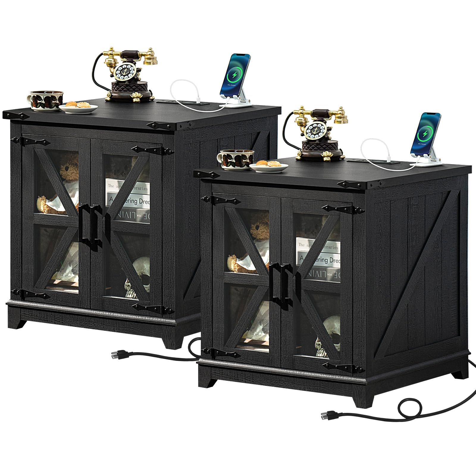 Pair of black farmhouse end tables with glass barn doors and X-style braces
