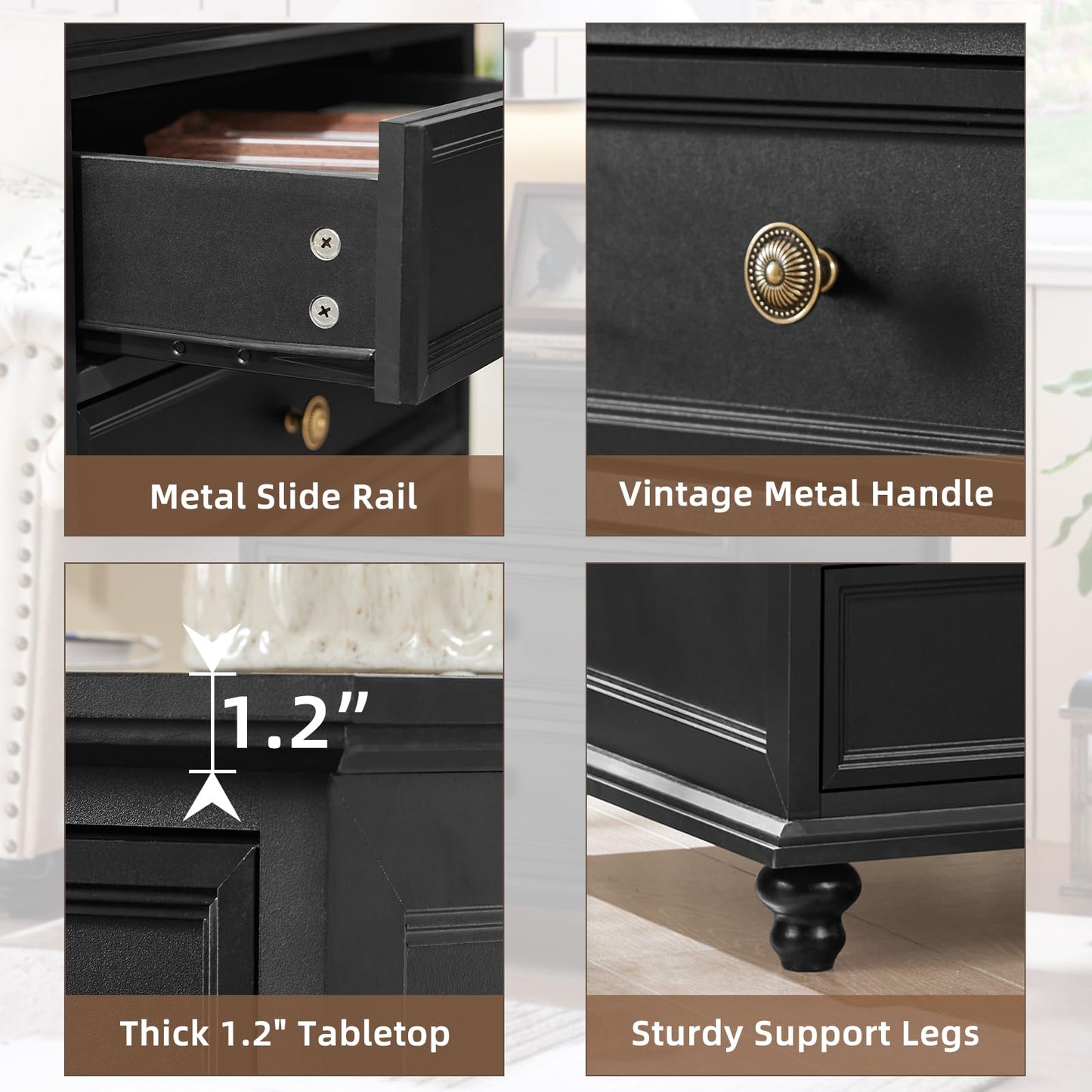Black dresser drawer front with vintage round metal handle, close-up of drawer rail