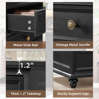 Black dresser drawer front with vintage round metal handle, close-up of drawer rail