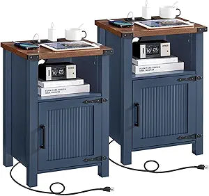 Pair of navy nightstands with charging station, open shelf, cabinet doors