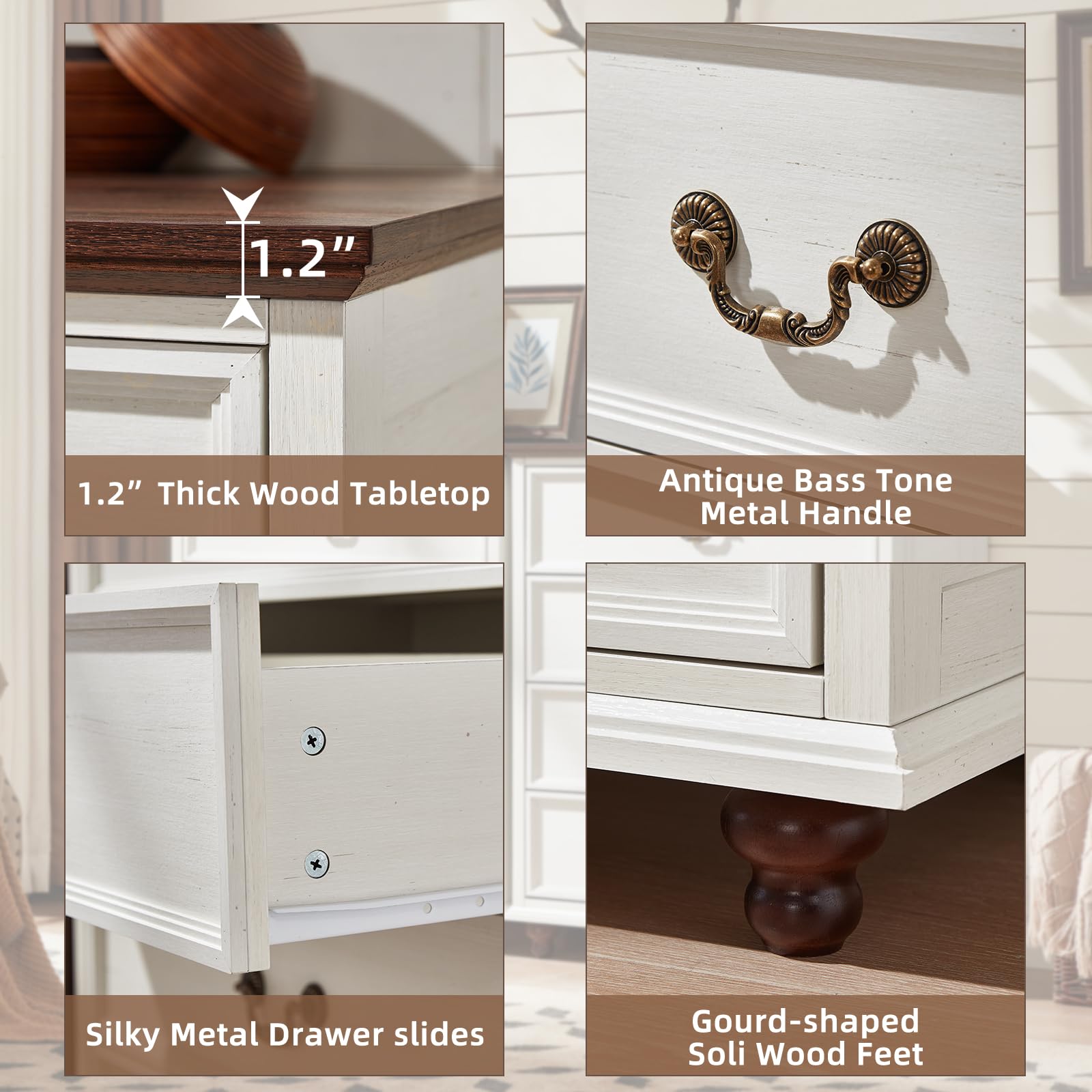 White dresser details with metal drawer pulls, open drawer, and rounded feet