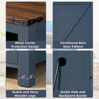 Joaxswe blue nightstand corner metal protection and barn-style door pattern details