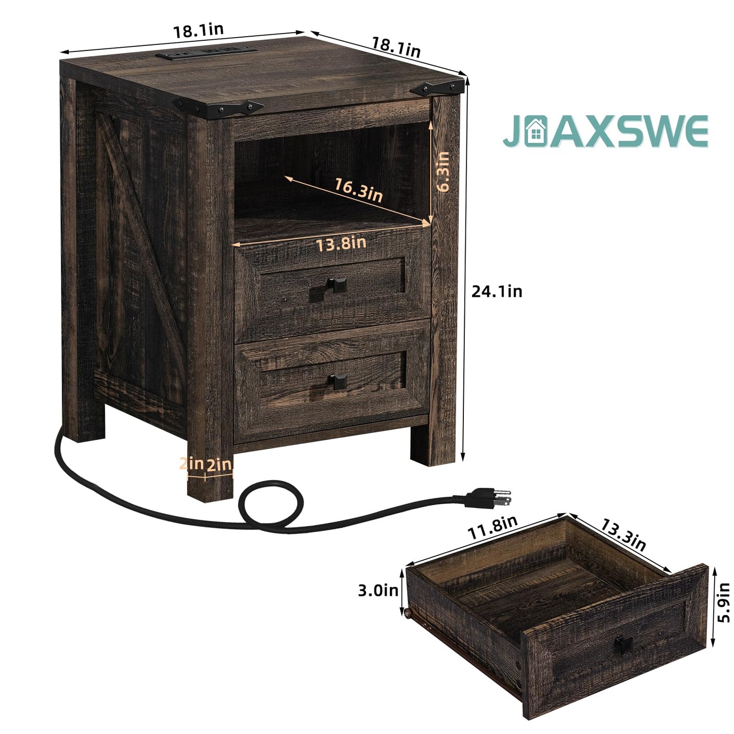 Farmhouse nightstand with charging cable and 2 drawers, size diagram view