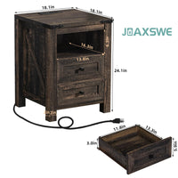Farmhouse nightstand with charging cable and 2 drawers, size diagram view