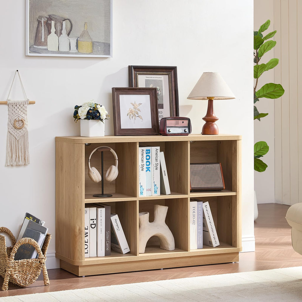 Natural oak cube storage bookcase with open cubbies and inner shelf space