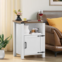 Joaxswe 18-Inch Nightstand with Charging Station and Fluted Door,Dark Blue | 18-inch bedside table with AC and USB charging, open storage and a magnetic fluted door for bedroom essentials