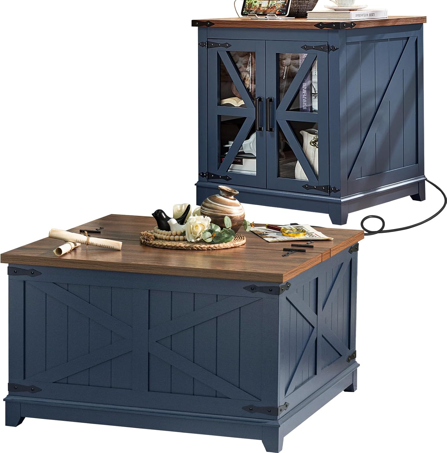 Blue farmhouse coffee table with hidden storage; side table with X doors and charging cord