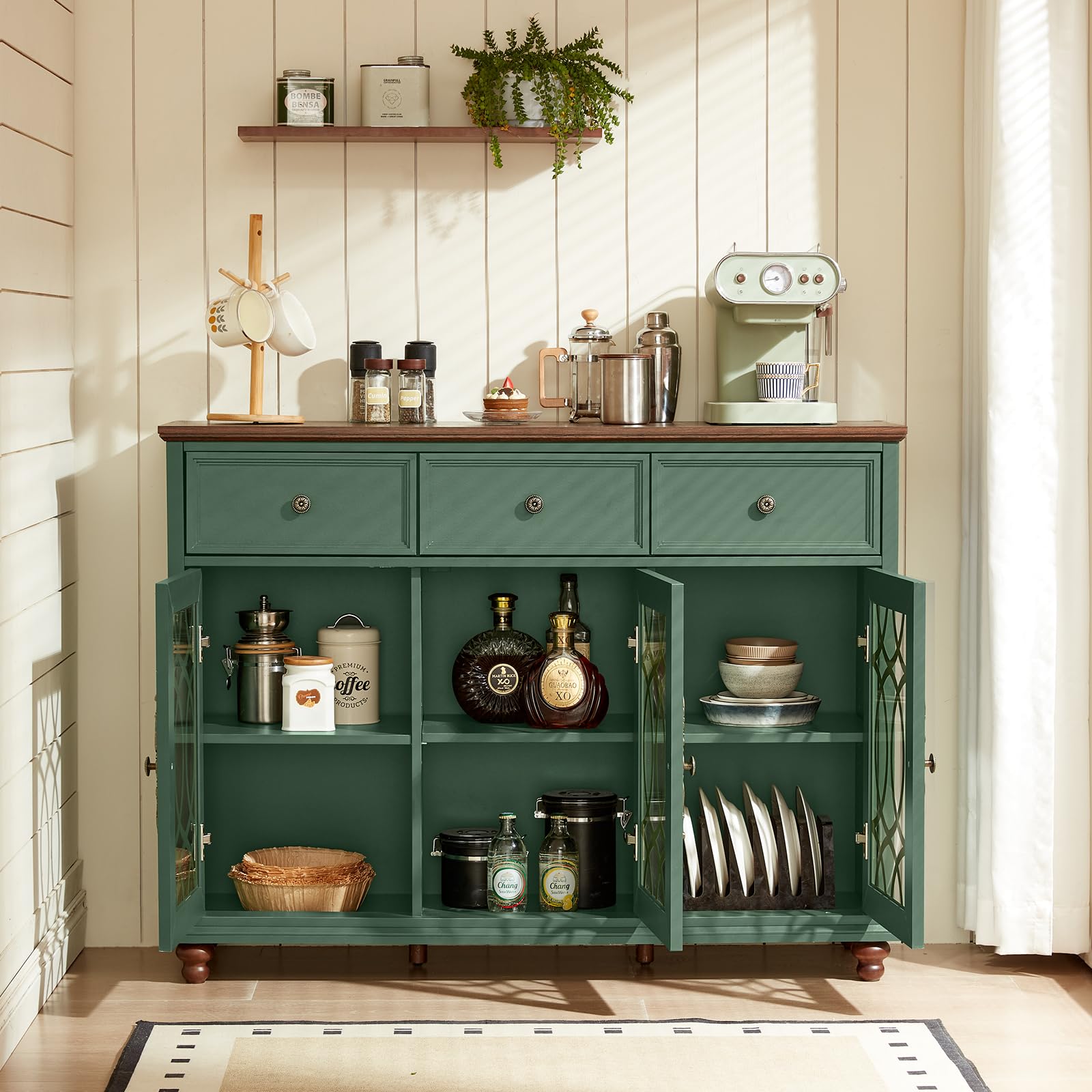 Farmhouse sideboard buffet cabinet in dark green with open shelves and cabinet doors