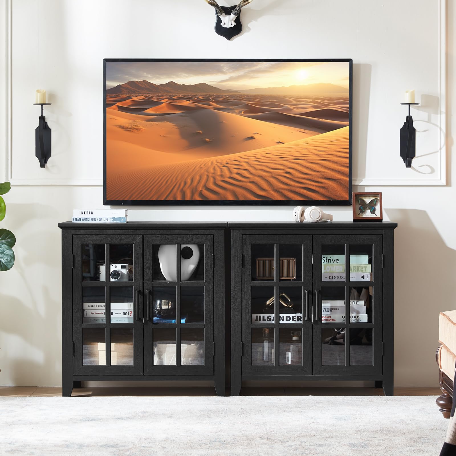 Black sideboard cabinet with four glass doors and spacious display shelves