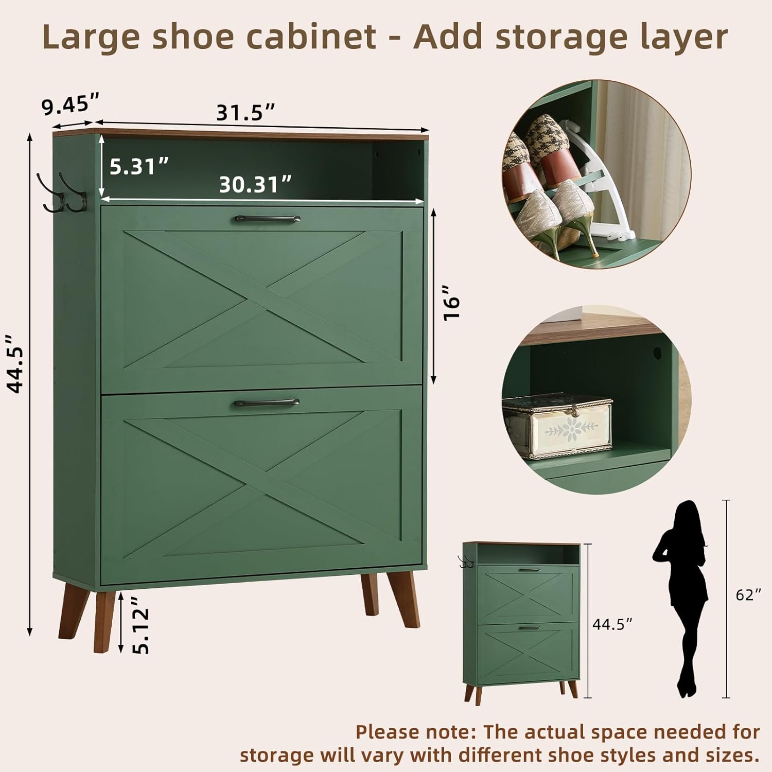 Dark green shoe storage cabinet with two flip drawers and open shoe rack