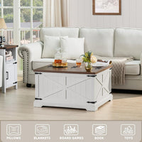 White farmhouse coffee table with hidden storage and flip-top lid, square tabletop