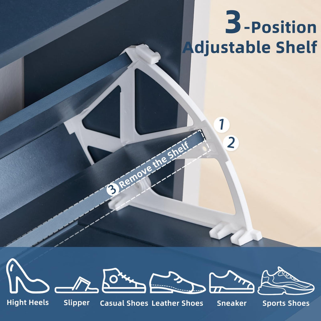 Shoe storage cabinet with adjustable shelf brackets and navy interior panels