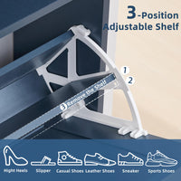 Shoe storage cabinet interior with removable adjustable shelf and flip drawer rack