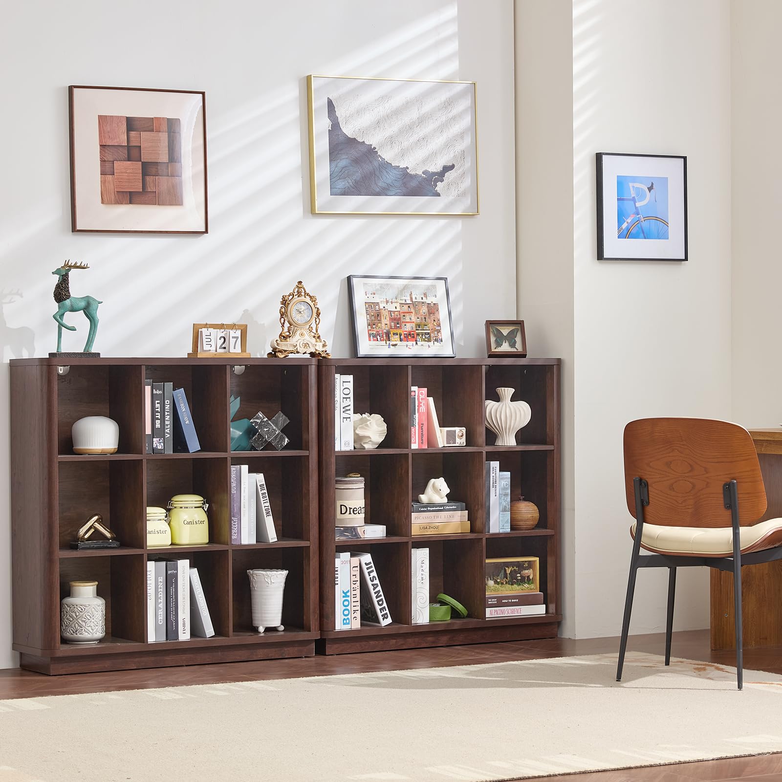 Dark brown cube bookcase with 8 open cubbies and flat top for books and small decor items