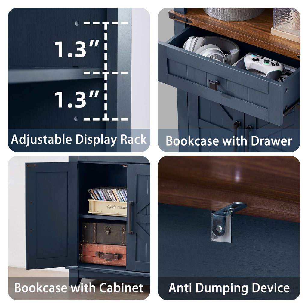 Blue bookcase cabinet features adjustable display rack and drawer with anti-tip hardware