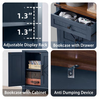 Detail view of tall bookcase cabinet: adjustable display rack, drawer and anti-tip device