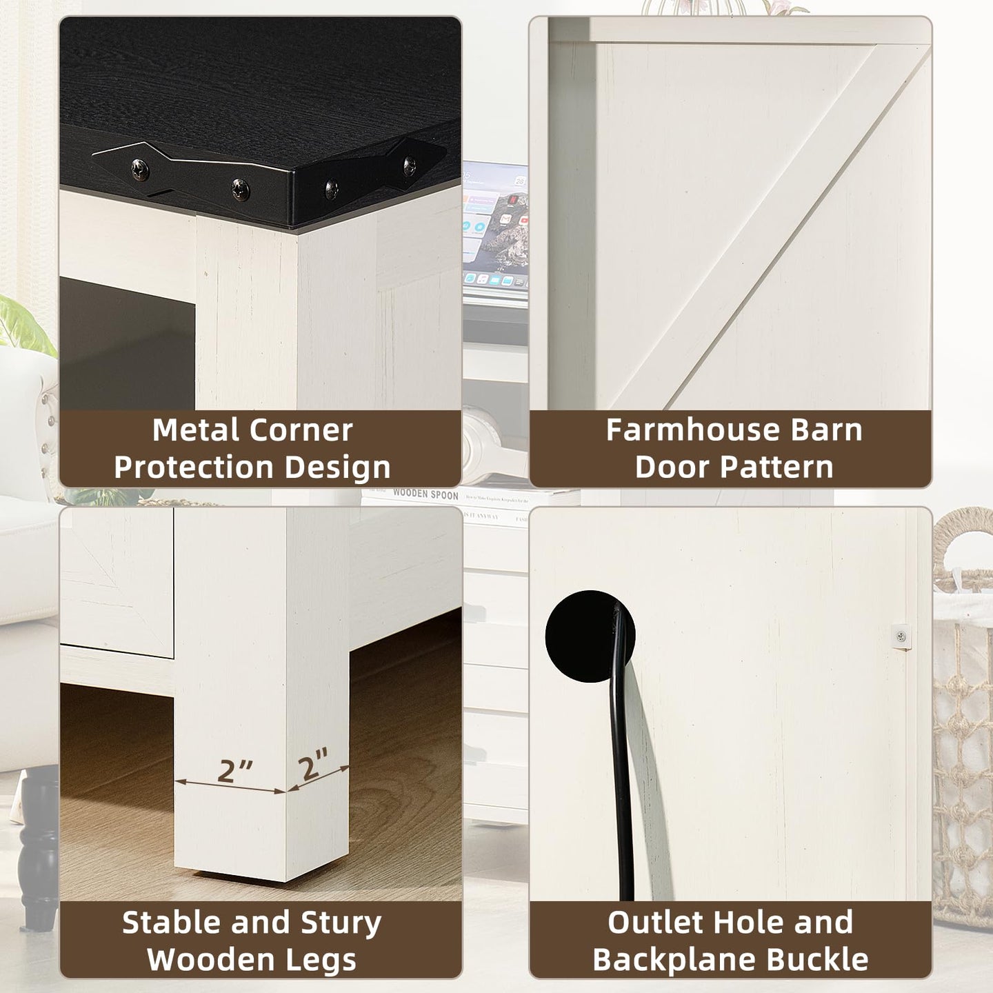 Black nightstand with metal corner brackets and barn-style door pattern