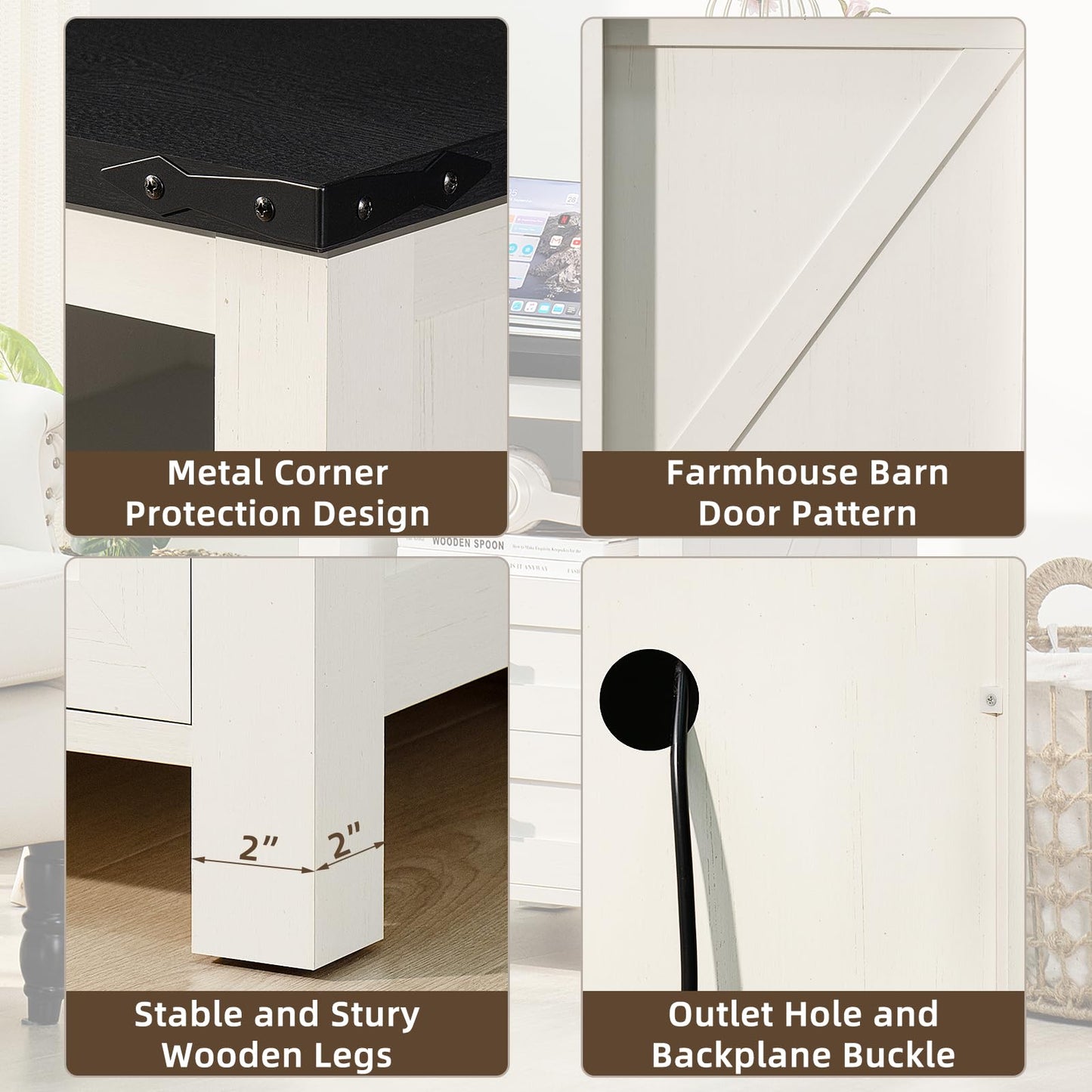 Black nightstand with metal corner brackets and barn-style door pattern