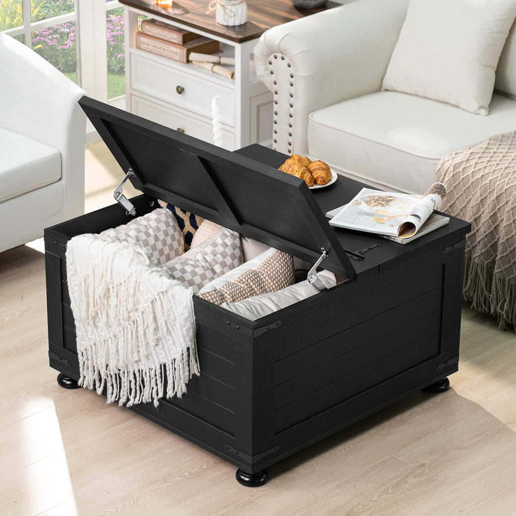 Lift-top coffee table with hidden storage, open lid revealing interior, dark finish