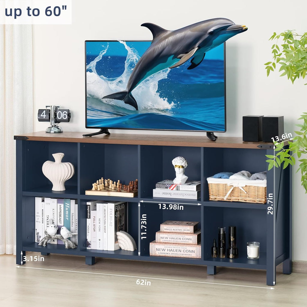 Navy blue 8-cube bookcase console with wide top and open cubby shelves