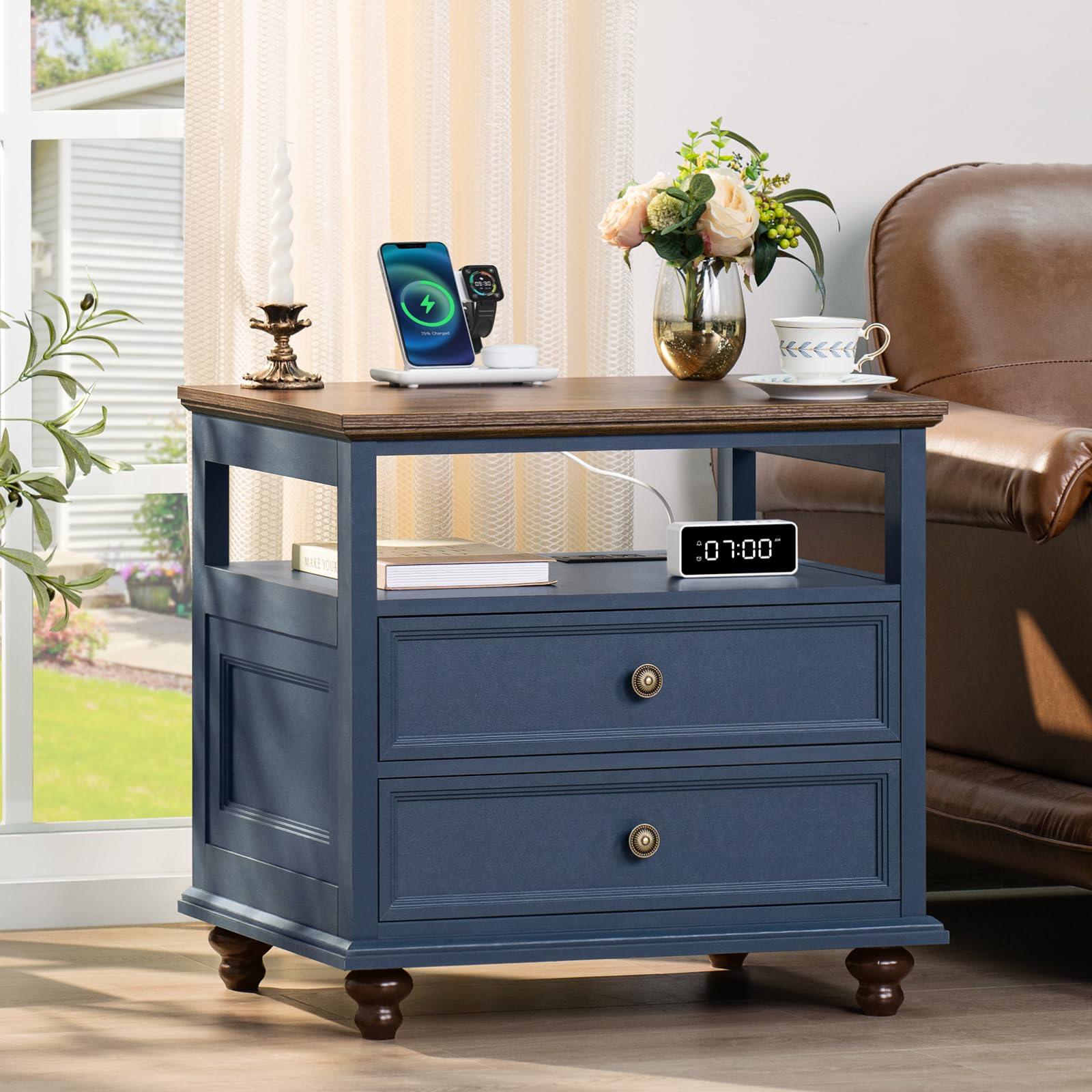 Farmhouse nightstand with 2 drawers and open shelf, navy blue wood cabinet and knob pulls