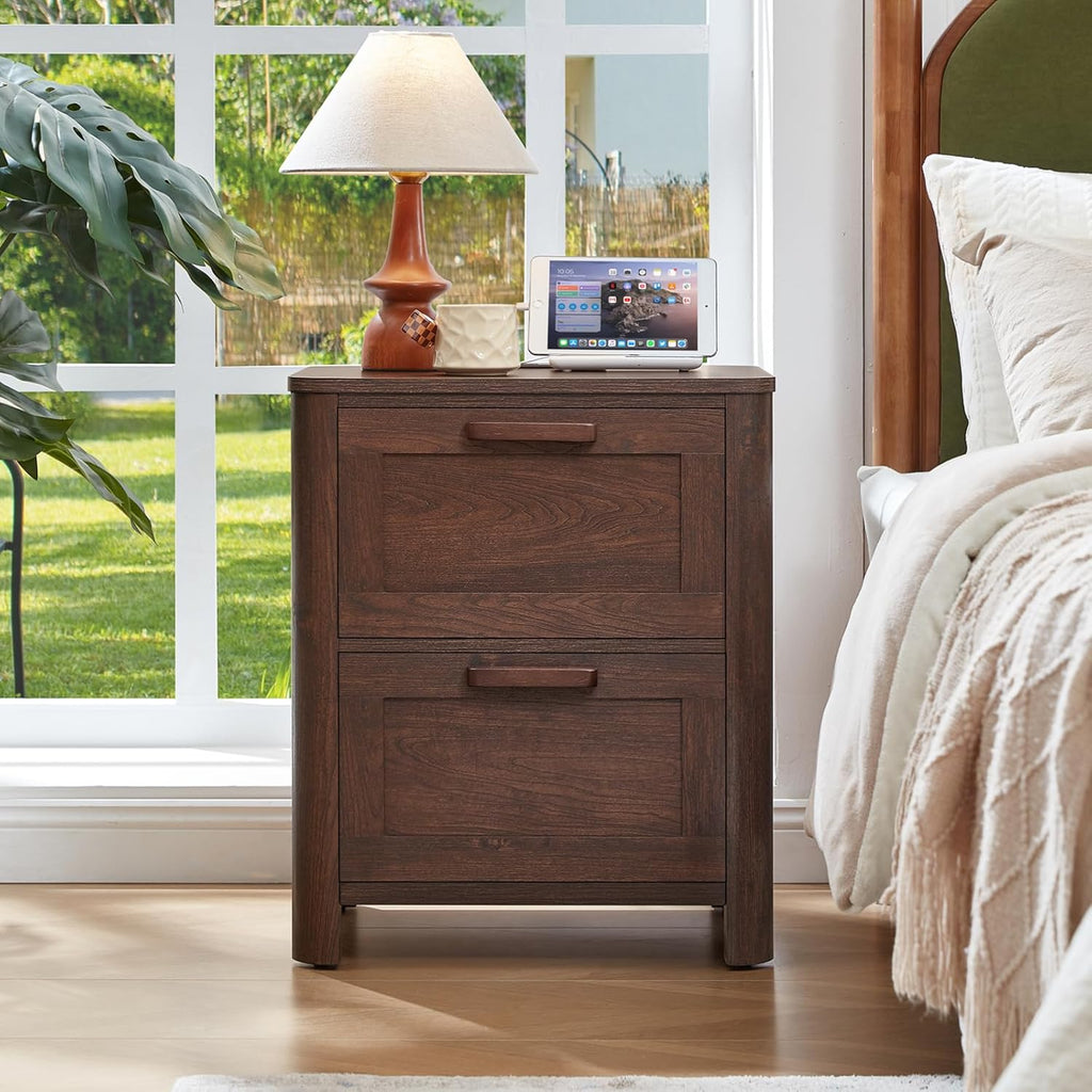 Walnut farmhouse nightstand with two drawers and tablet-ready charging top